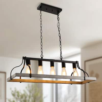 YANSUN 5-Light Island Chandelier, Gray Wood Frame with Metal Accents, Handcrafted Finish for Modern Kitchen Décor