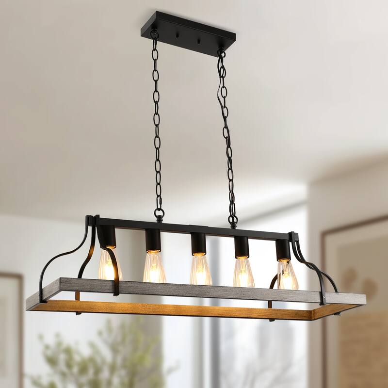 YANSUN 5-Light Wooden Frame Island Pendant, Gray Wood Hand-Painted Finish, Metal and Wood Construction for Rustic Lighting