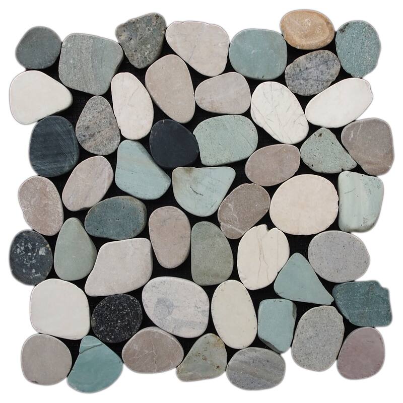 Sliced Pebble 11 in. x 11 in. Mesh-Mounted Mosaic Wall and Floor Tile - Black, Green, & Tan Natural - 11 in. x 11 in.