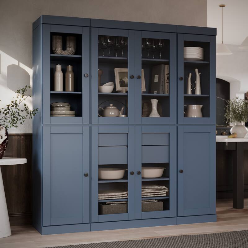 Palace Imports 100% Solid Wood 65" Pantry Cabinet with Clear Glass, Shaker Doors, 2-Drawers and Adjustable Shelves - Antique Blue