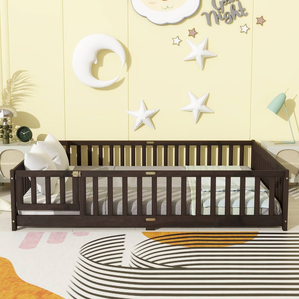 Classic Wooden Kids Floor Bed, Queen Floor Platform Bed Frame with Slat Support, Rubber Wood Floor Bed Frame with Fence and Door