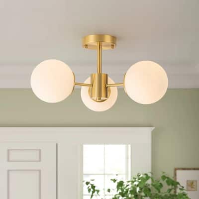 Modern Brushed Brass 3-Light Matte Glass Semi-flush Mount - Brushed Brass