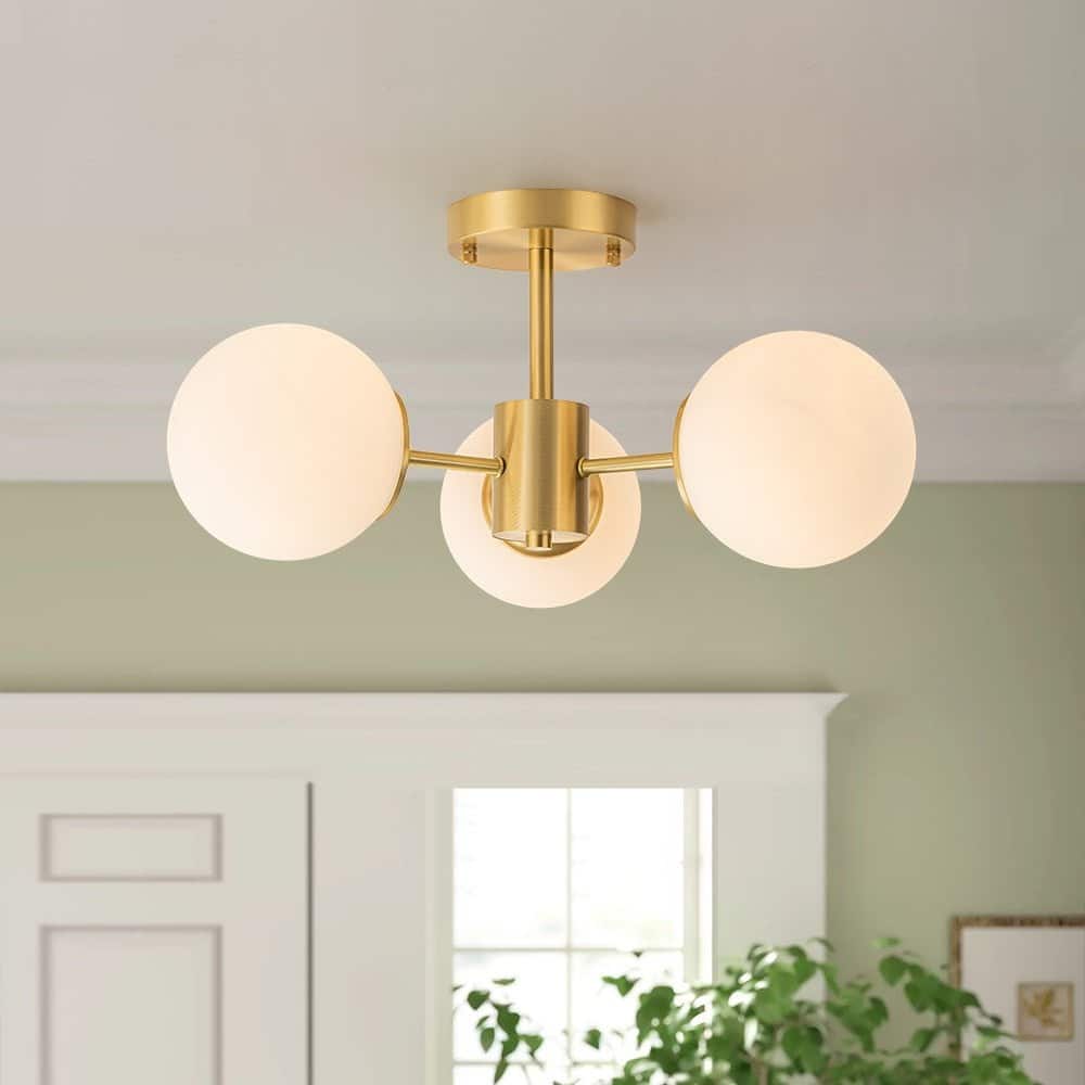 Modern Brushed Brass 3-Light Matte Glass Semi-flush Mount - Brushed Brass