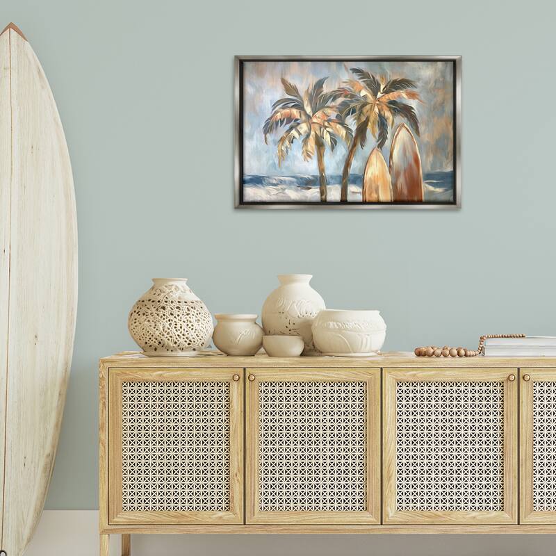 Stupell Warm Tropical Surfboards Framed Floater Canvas Wall Art Design By Ramona Murdock