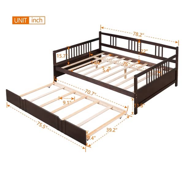 dimension image slide 2 of 3, Modern Simple Full Size Wood Daybed w/ Twin Size Trundle Bunk Bed Frame for Kids, Teens No Box Spring Needed, Easy Assembly