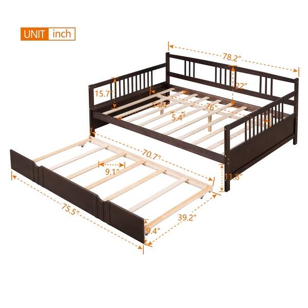 dimension image slide 2 of 3, Multifunctional Design Wood Daybed Bed with Backrest and Twin Size Trundle, Full Size
