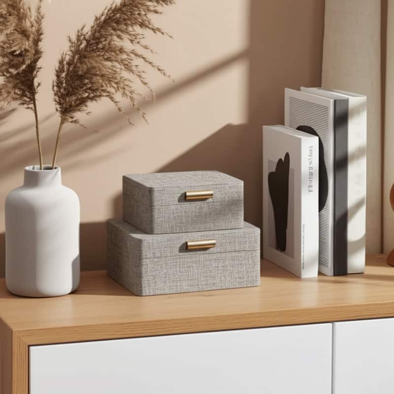 Fabric Organizer Box with Lid Modern (Set of 2) - 9" Brown - 9" x 7" x 4"