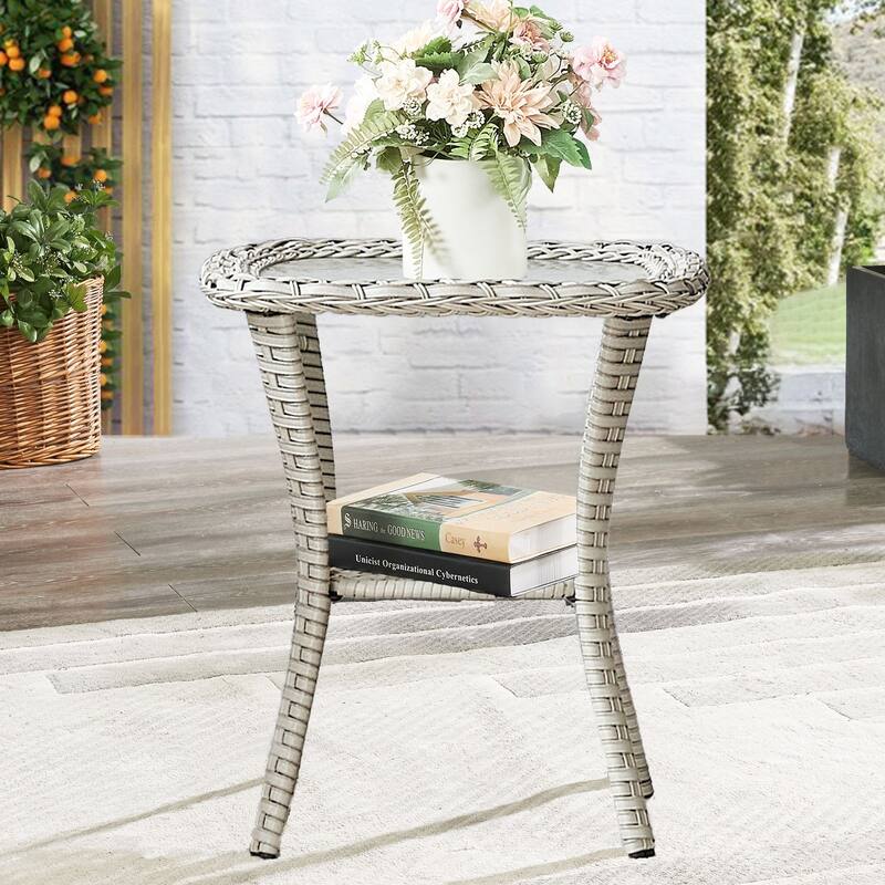Stylish Outdoor Wicker side Table with Glass Top