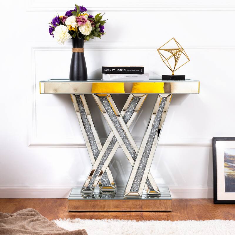 Modern Console Table Silver Entryway Table Inlay with Crushed Diamond