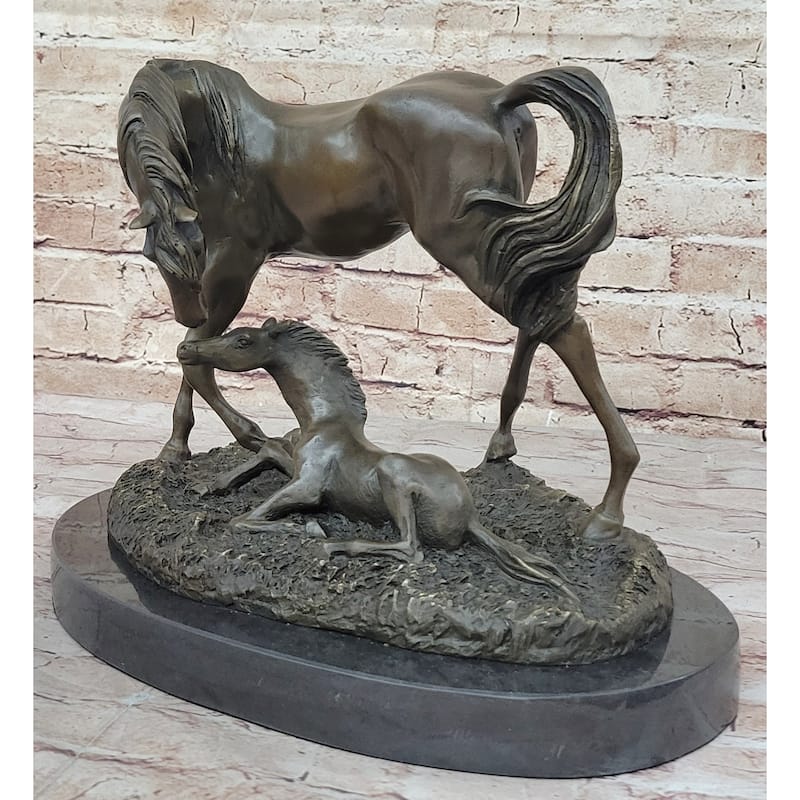 Horses Mare W/Foal Horse Bronze Sculpture Wild Farm Animal Marble Base
