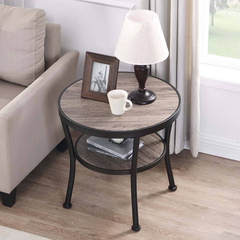 Myhozm Rustic Round End Table with Storage, Industrial Side Table for Living Room - Grey