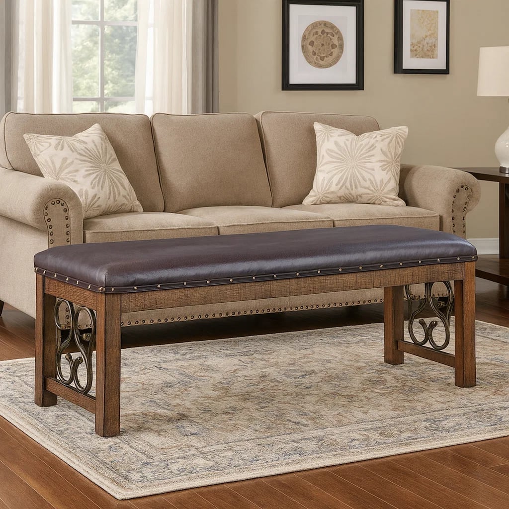 Ral 56 Inch Solid Wood Padded Bench, Metal Scroll Design, Nailhead, Brown