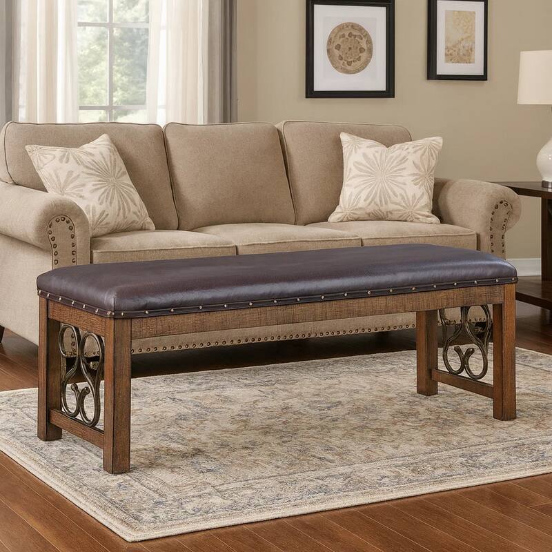 Ral 56 Inch Solid Wood Padded Bench, Metal Scroll Design, Nailhead, Brown