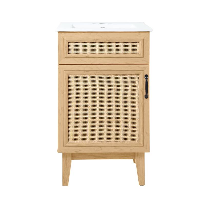 Ancillary Rattan Modern Farmhouse 2-Shelf Bath Vanity Cabinet Only (Sink Basin not Included), by JONATHAN Y - 20 in. - Oak