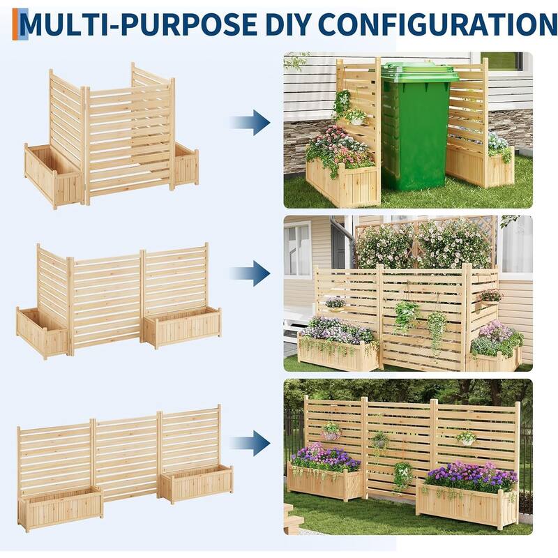 3 Pieces Wood Fence Panels with Planter Box for Outside, Yard - N/A