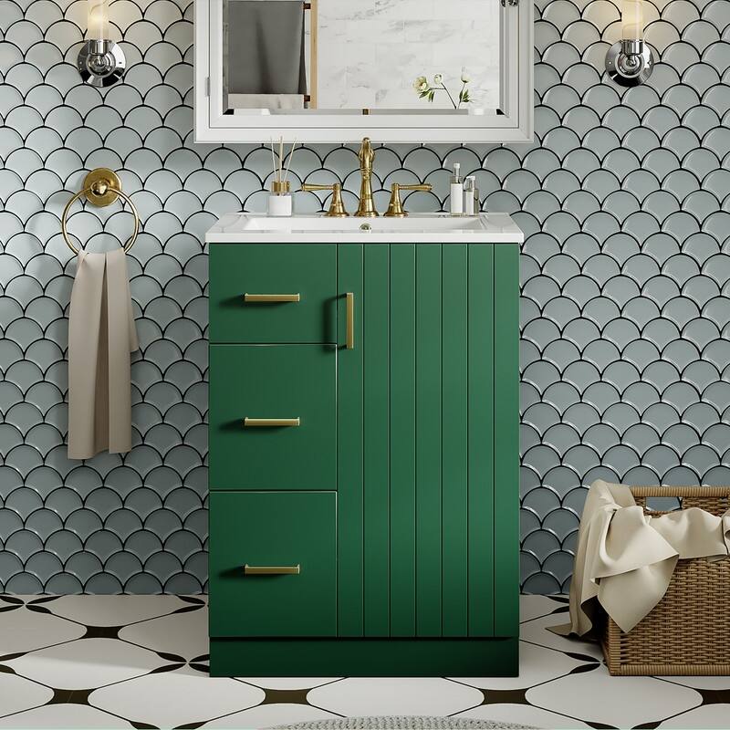 24" Modern Bathroom Vanity with Sink, Small Bathroom Sink Cabinet with 2 Drawers and Soft-Closing Door - Green