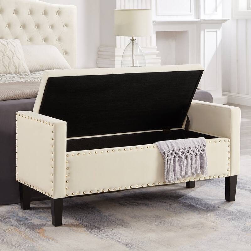 Cream Velvet Upholstered Storage Bench with Nail Trim, Armrests - Entryway Seat
