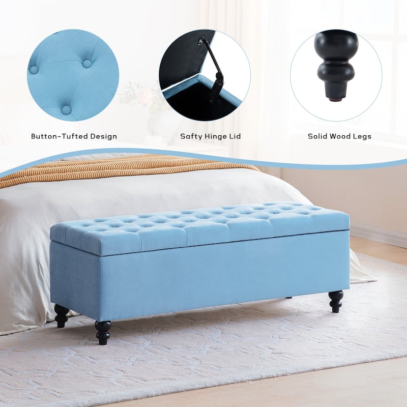 Button-Tufted Storage Bench Ottoman with Solid Wood Legs for Bedroom 50"W x 17.5"D x 18"H