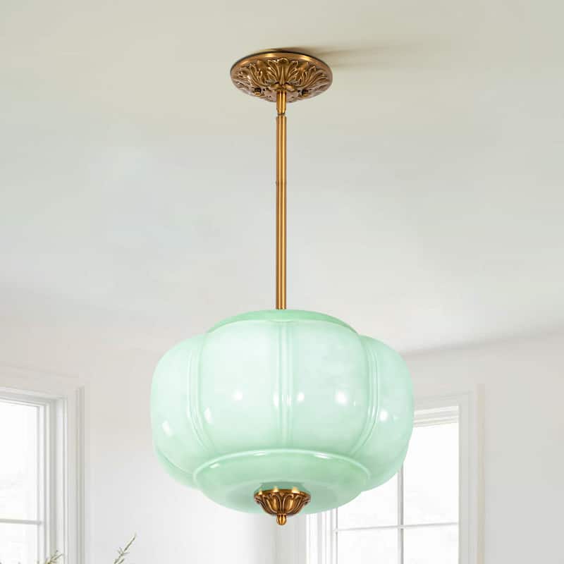 1-Light Retro Antique Brass Pumpkin Shaped Flush Mount Ceiling Light/Pendant Light with Milk/Green Glass for Kitchen,Dining Room