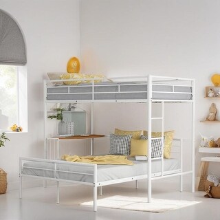 Twin Over Full Bunk Bed with Desk, Metal Bed with Ladder, Kid's Bed with Quality Slats for Bedroom, Metallic White