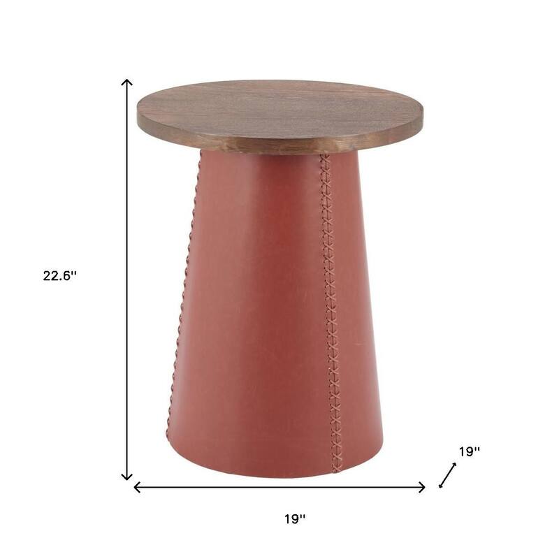 HomeRoots 23" Brown Wood and Faux Leather Round Pedestal End Table - 19.00 in. x 22.60 in. x 19.00 in.