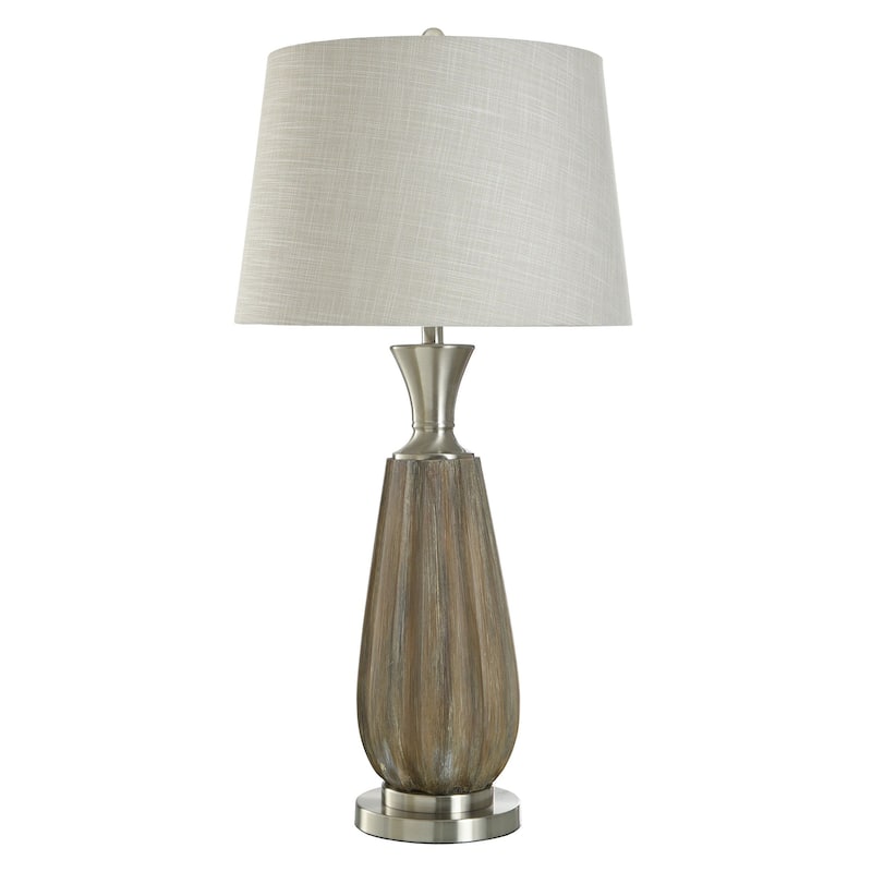 Roanoke Brown Table Lamp - Polyresin with Faux Wood Brush Finish - Cream Shade - Brushed Brown, Polished Nickel, Cream