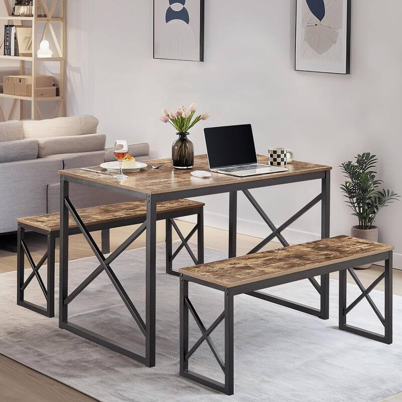 44.3" Dining Table with Benches Kitchen Table set for 4 Rectangular Dining Room Table Set with 2 Metal Wood Benches