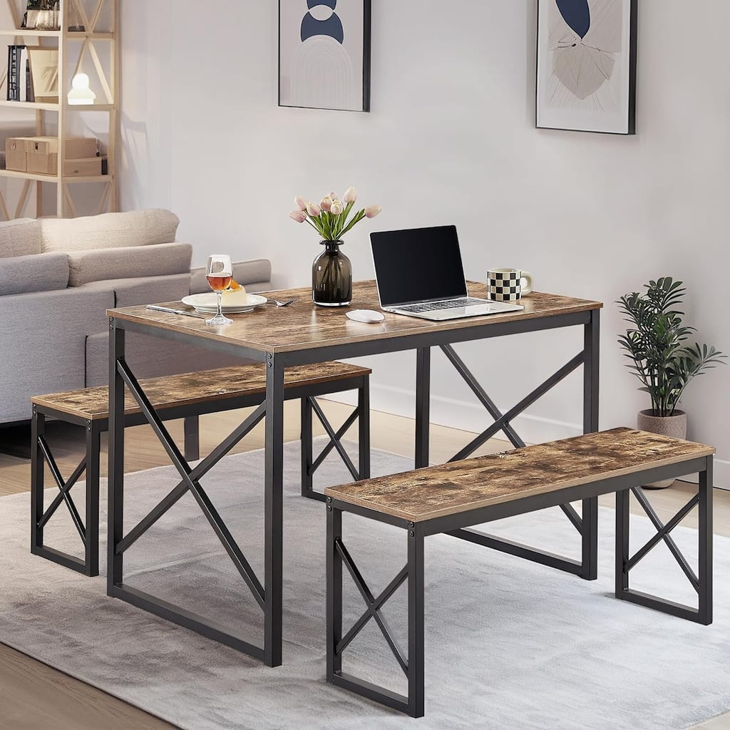 44.3" Dining Table with Benches Kitchen Table set for 4 Rectangular Dining Room Table Set with 2 Metal Wood Benches