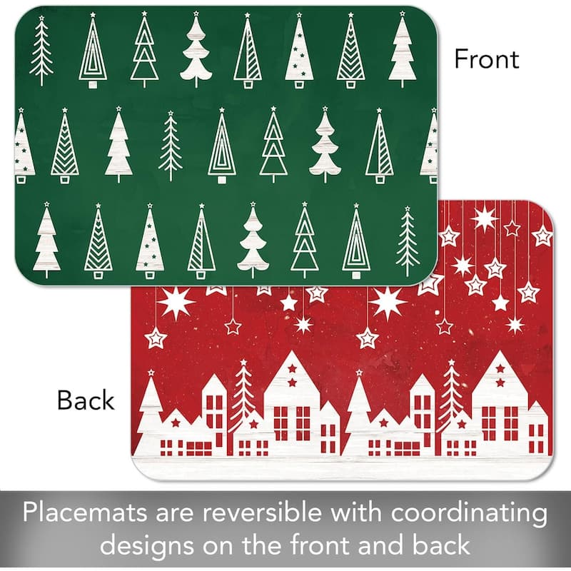 Scandinavian Christmas 4 Pack Reversible Easy Care Flexible Plastic Placemats Made in The USA BPA Free Easily Wipes Clean