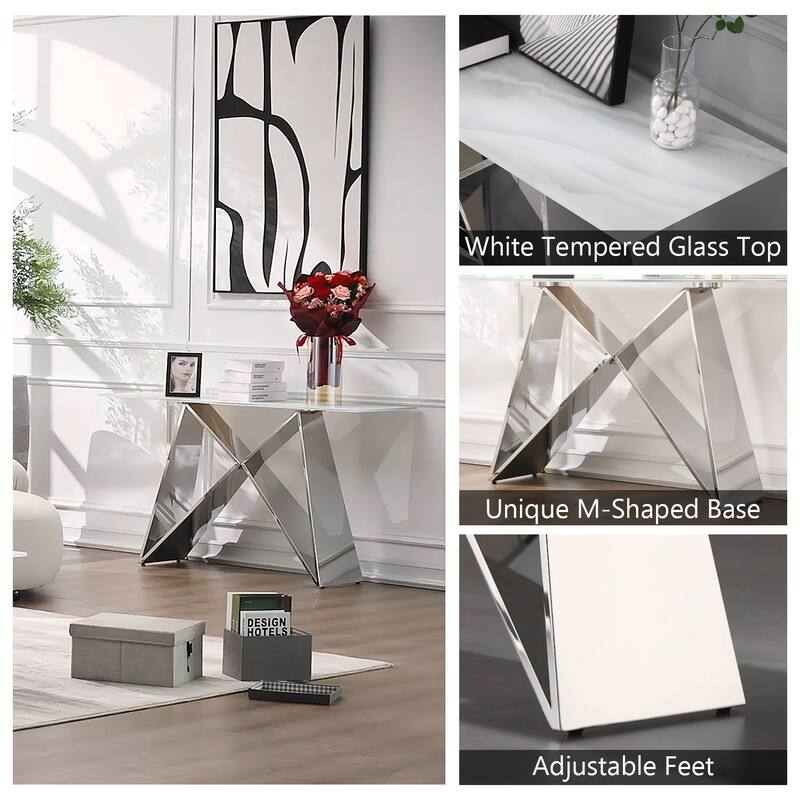 55 inch Rectangle White Glass Console Table with Mirrored M-Shaped Base