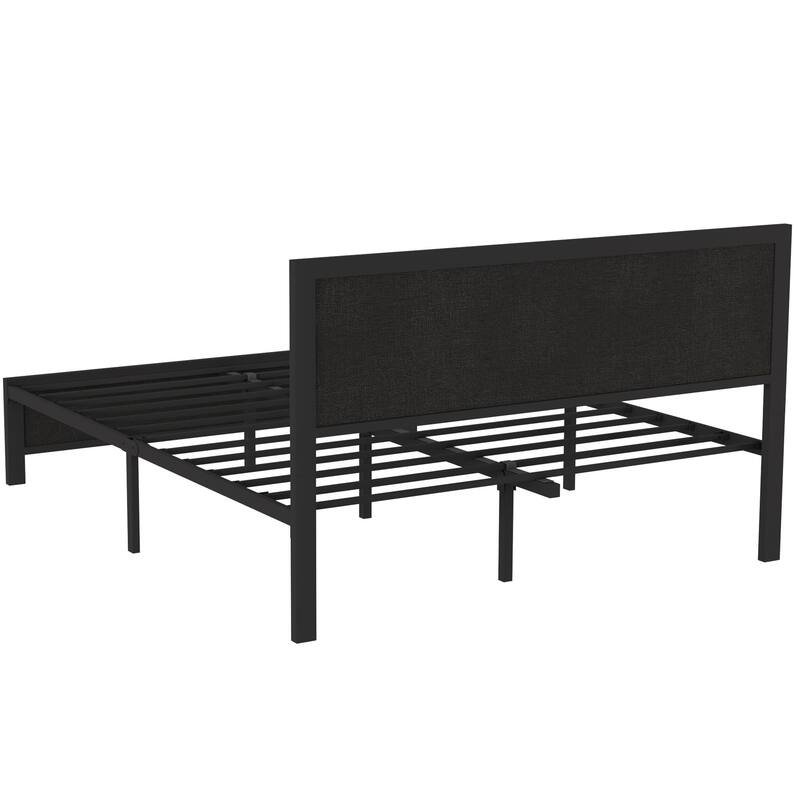 Metal Bed Frame with Linen Upholstered Nailhead Headboard, Platform Bed with 12.6" Under Bed Storage, No Box Spring Needed