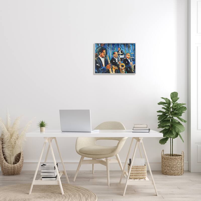Stupell Contemporary Saxophone Jazz Ensemble Expressive Musicians Framed Wall Art - Blue