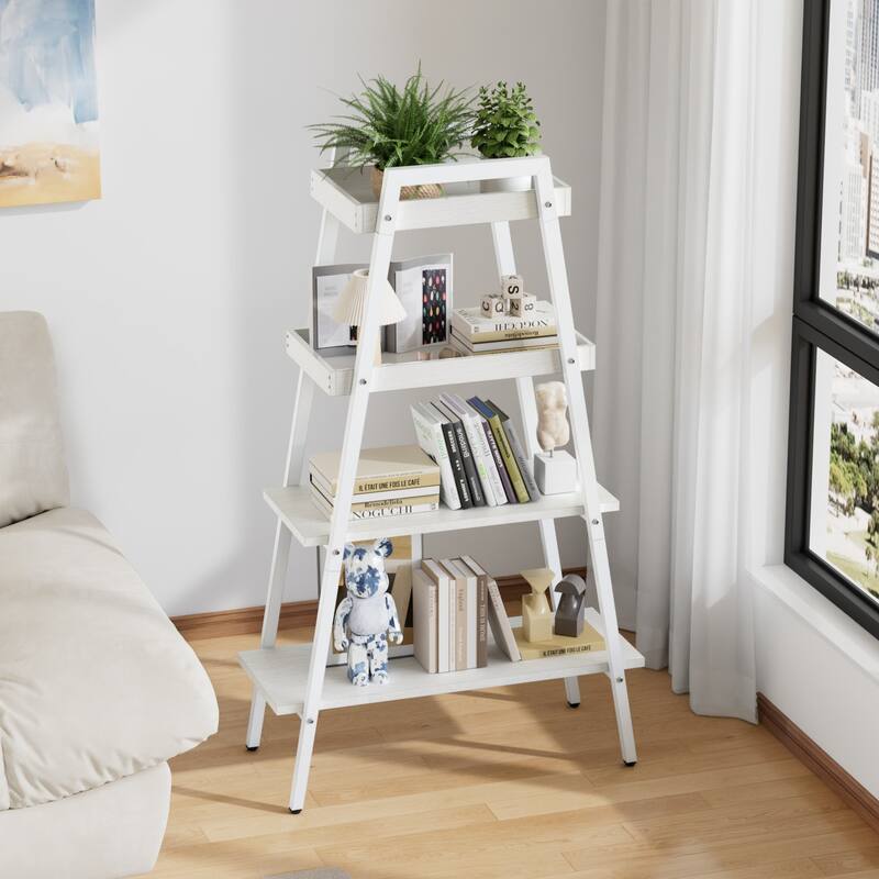 VECELO Modern 4-Tier Corner Ladder Bookshelf Metal & Waterproof MDF Shelves for Living Room Kitchen & Bathroom Corner Bookcase