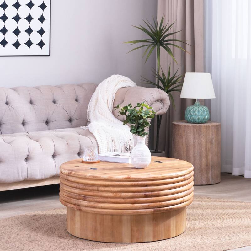 Round Wooden Coffee Table with Hidden Storage