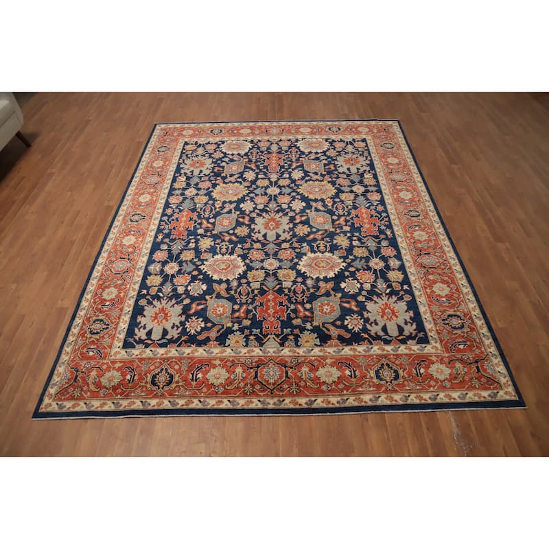 Hand Knotted Oriental 100% Wool Carpet Traditional All-Over Navy Blue & Blues Ziegler Area Rug - 9' 10'' X 8' 0''
