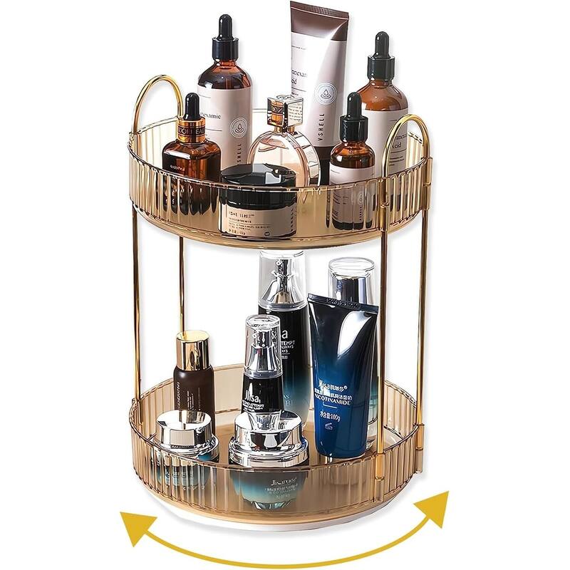 360 Rotating Makeup Organizer for Vanity,2 Tier Large Capacity Cosmetics Skincare Organizers - 9"D x 9"W x 18"H - Gold