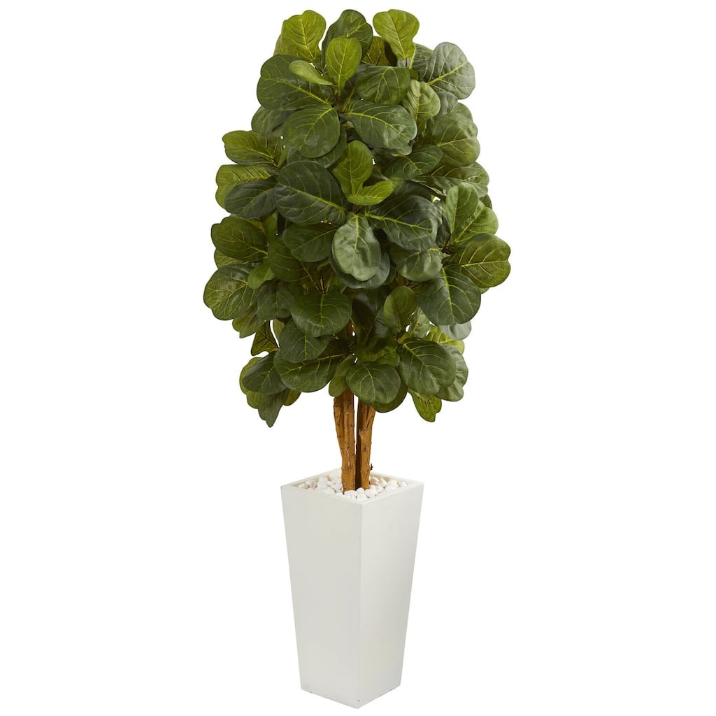 5ft Fiddle Leaf Artificial Tree in White Tower Planter with Thick Green Leaves and Decorative White Planter Accent