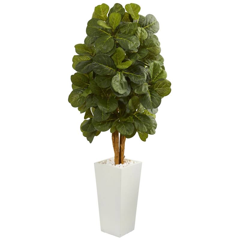 5ft Fiddle Leaf Artificial Tree in White Tower Planter with Thick Green Leaves and Decorative White Planter Accent