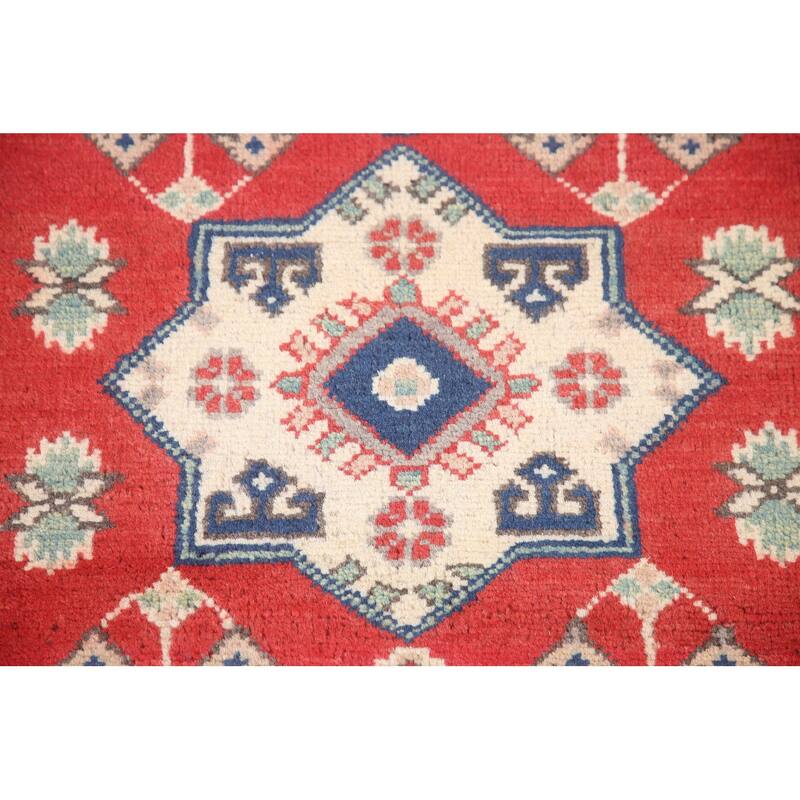 Hand Knotted Oriental 100% Wool Carpet Traditional Geometric Red Kazak Runner Rug - 9' 3'' X 2' 9''