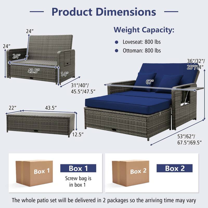 Gymax Rattan Daybed Wicker Loveseat Sofa Set w/ Ottoman & Retractable