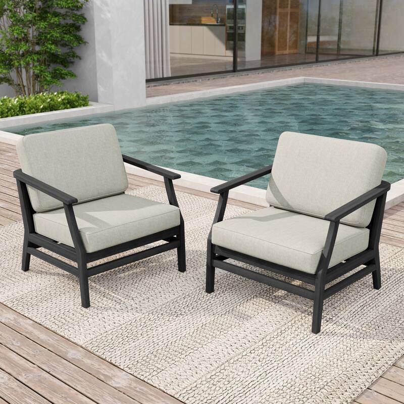 2 Set Patio Teak Wood Outdoor Chair with Cushions - Dark Wood - Light Brown