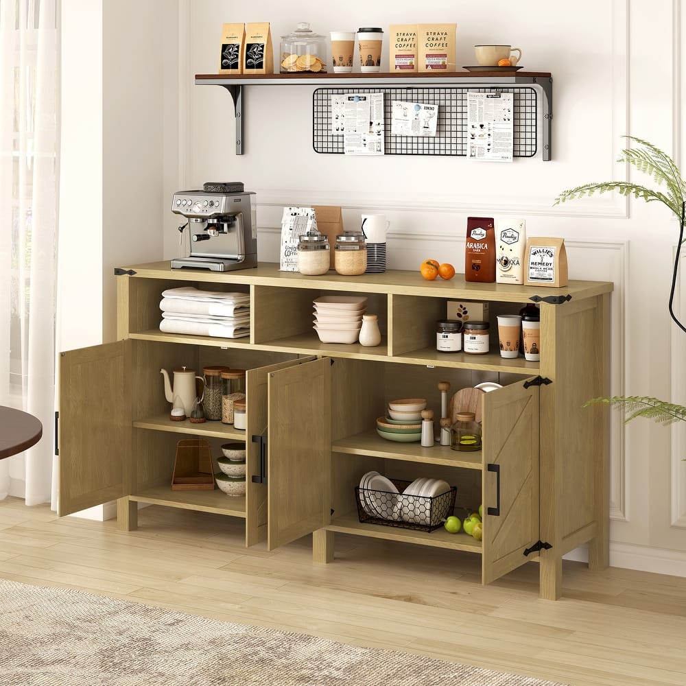 59" Modern 4 Doors Sideboard Buffet with Power Outlets and Adjustable Shelves