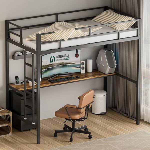 slide 2 of 8, Metal Twin Size Loft Bed with Desk and LED Light, Power Outlet