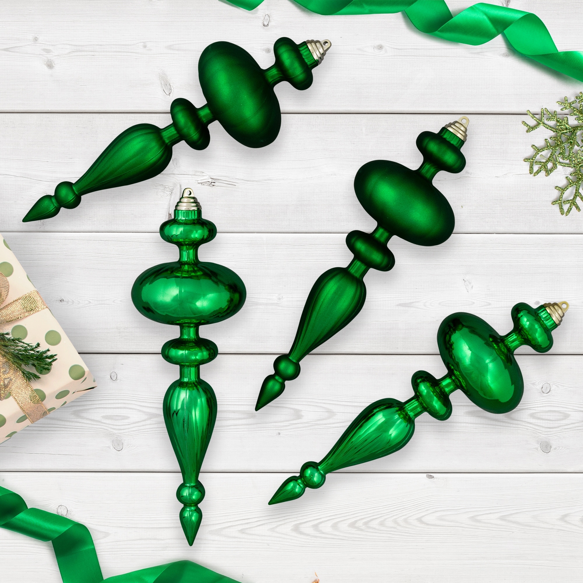 Shatterproof Size Finial Christmas Ornaments 14" Green Set of 4