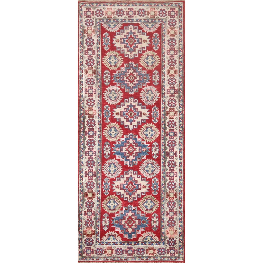 Hand Knotted Oriental 100% Wool Carpet Traditional Geometric Red Kazak Runner Rug - 7' 7'' X 2' 9''
