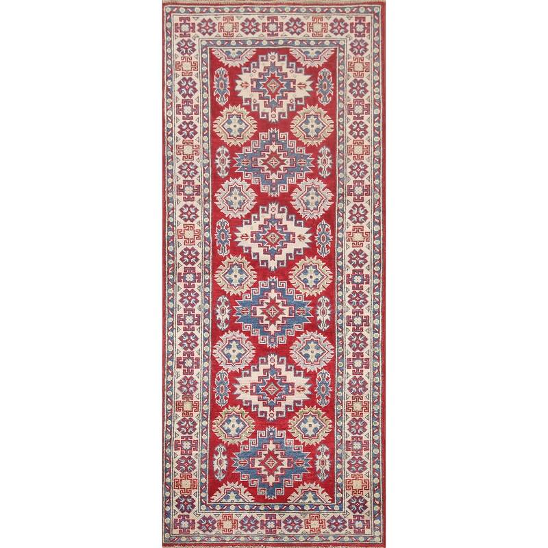 Hand Knotted Oriental 100% Wool Carpet Traditional Geometric Red Kazak Runner Rug - 7' 7'' X 2' 9''