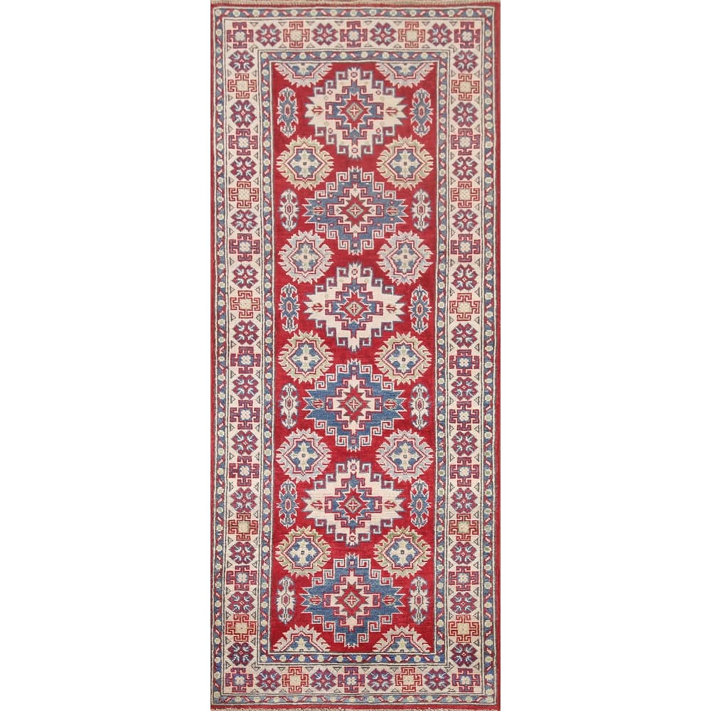 Hand Knotted Oriental 100% Wool Carpet Traditional Geometric Red Kazak Runner Rug - 7' 7'' X 2' 9''