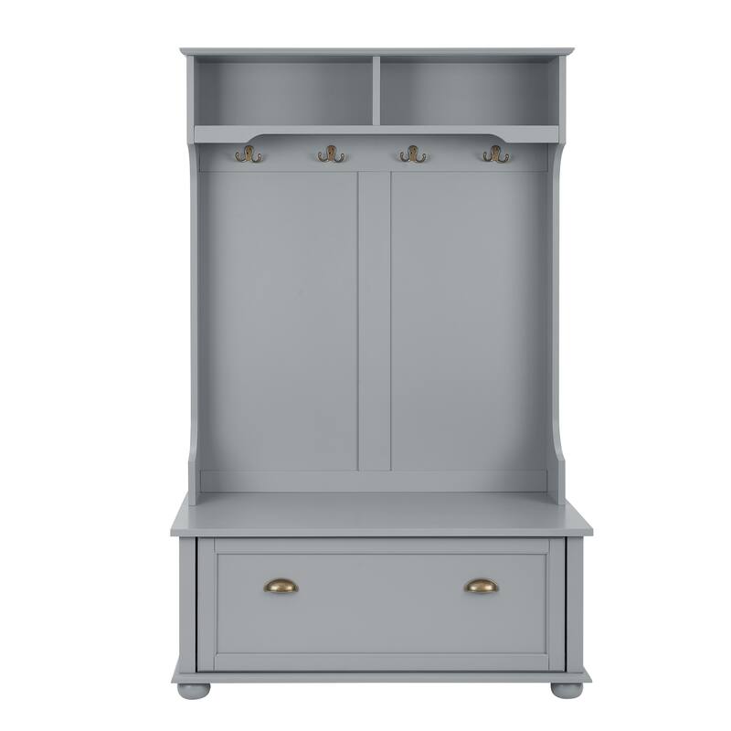 Hall Tree Entryway Bench with Open Shelves and Shoe Cabinets