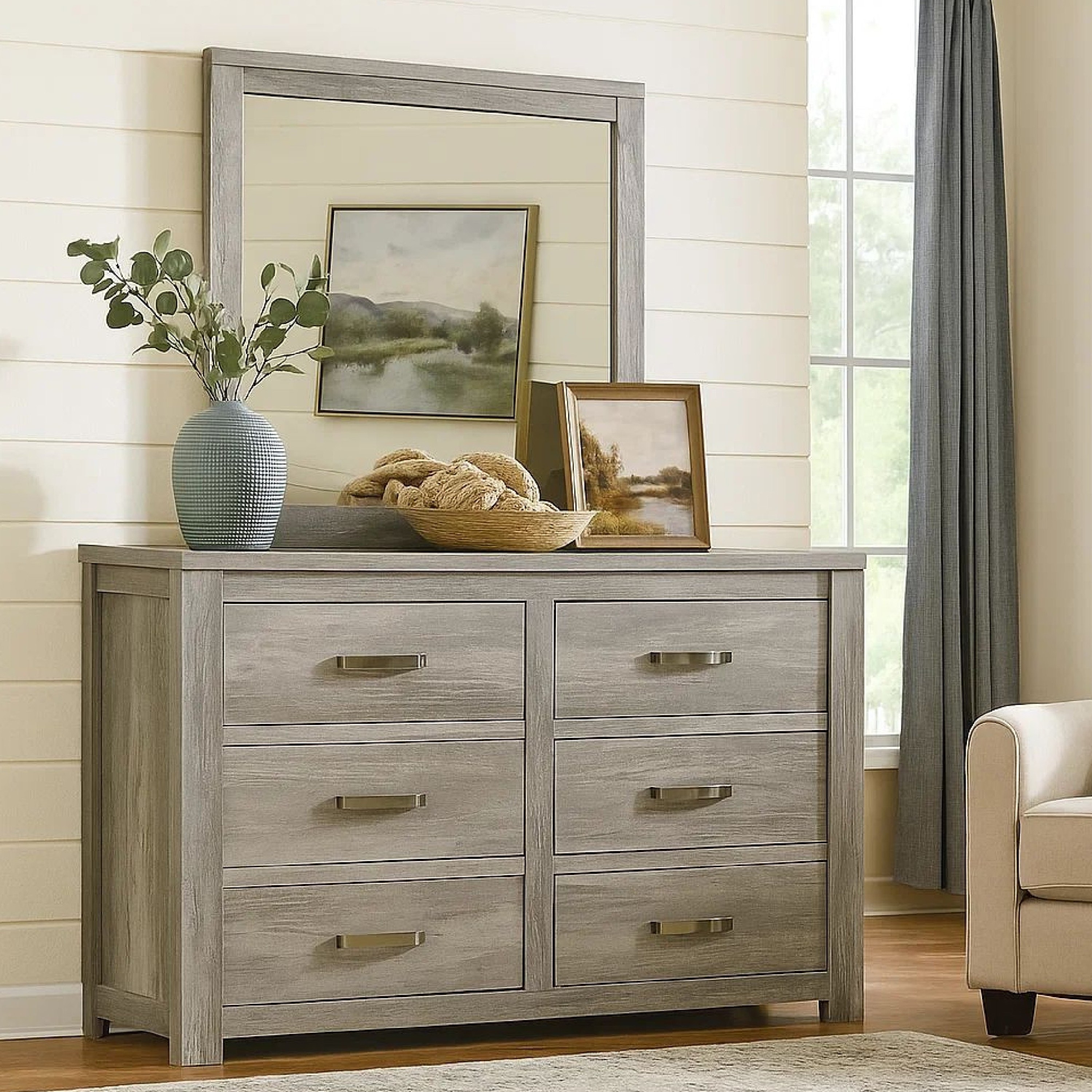 grey and silver dresser Yuna 59 Inch 6 Drawer Dresser, Metal Bar Handles, Wood Grain Gray - Bed Bath & Beyond modern mirrored dresser