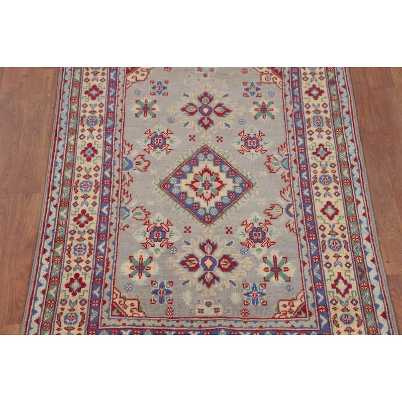 Gray Geometric Kazak Accent Rug Handmade Wool Carpet - 3'3" x 5'0"